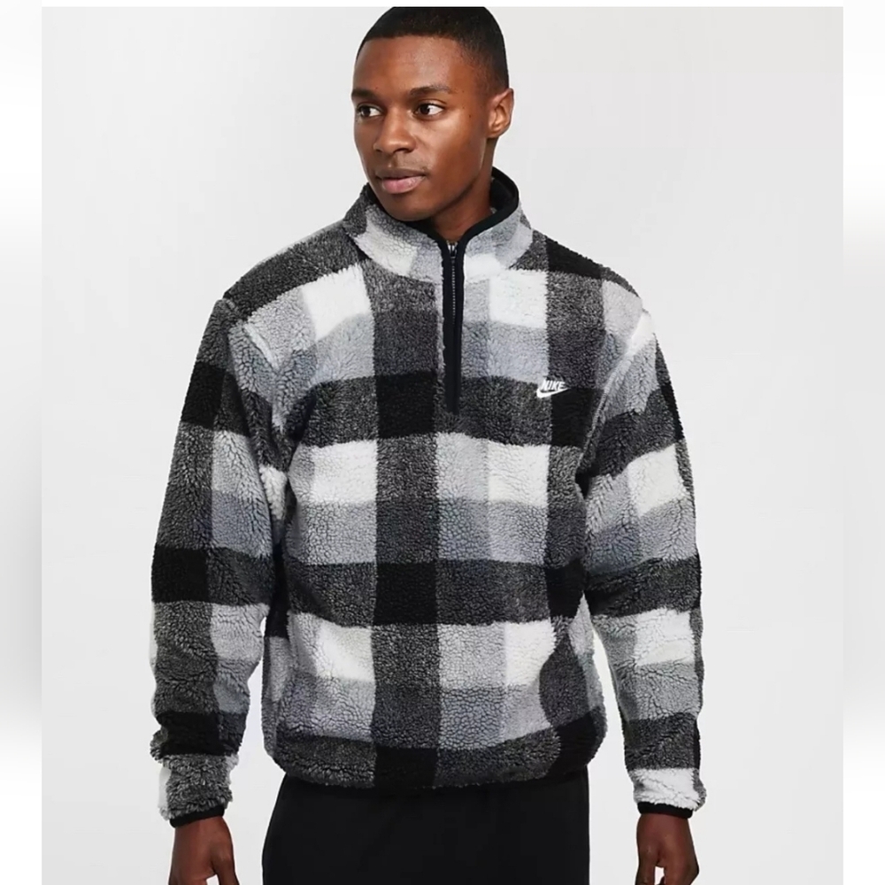Nike Club Fleece Winterized Half-Zip Black White Mens Size FZ0896-010 Sherpa new